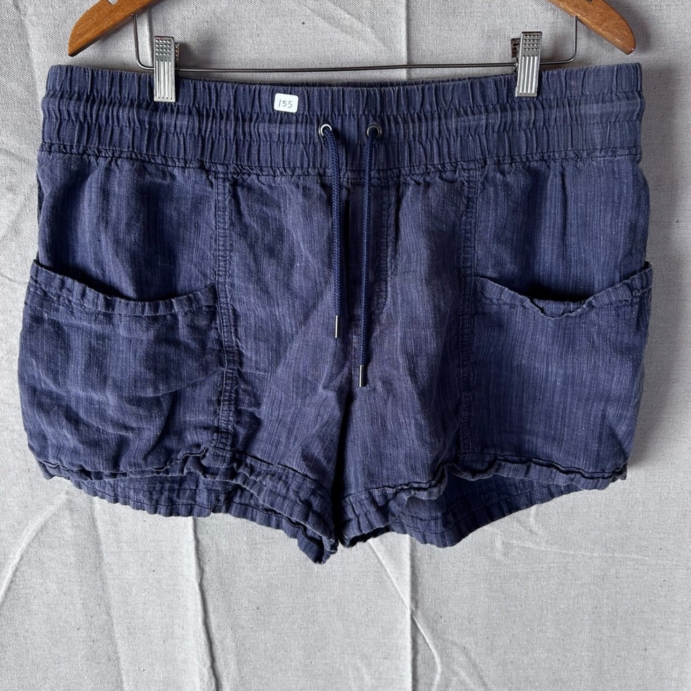 Athleta Cabo Linen Textured 4" Shorts Navy Blue Drawstring Waist Womens‎ 16